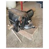 Vintage Cast-Iron Bench Vise with Long Handle on Wood Base