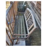 Weathered Wood Slat Garden Bench - Ornate Iron Back