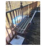 Weathered Wood Slat Garden Bench - Ornate Iron Back