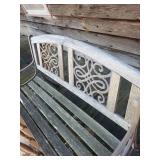 Weathered Wood Slat Garden Bench - Ornate Iron Back