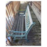 Teal Wrought Iron Patio Bench with Lattice Back