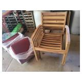 Wooden Slat Armchairs - Set of 4 with Red Cushions