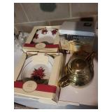 Metro Gravy Server Thermal Teapot - Gold-Tone; Poinsettia Soup Bowls (Set of 4) - Porcelain