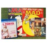 Entertainment Lot- I,Tonya Blue Ray, 2 Mad Magazines from October 1989 and January 1990, and Waterworld Clear Ultra Movie Promotion Card