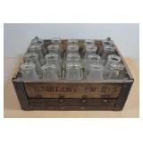 Antique Wooden Milk Crate from "Sanitary Farm Dairies" with Glass Milk Bottles