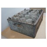Antique Wooden Milk Crate from "Sanitary Farm Dairies" with Glass Milk Bottles