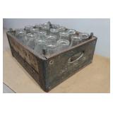 Antique Wooden Milk Crate from "Sanitary Farm Dairies" with Glass Milk Bottles