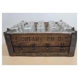 Antique Wooden Milk Crate from "Sanitary Farm Dairies" with Glass Milk Bottles