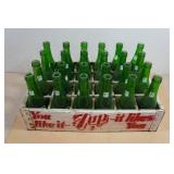 Antique 7Up Wooden Crate with Green Glass Bottles