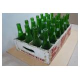 Antique 7Up Wooden Crate with Green Glass Bottles