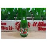 Antique 7Up Wooden Crate with Green Glass Bottles