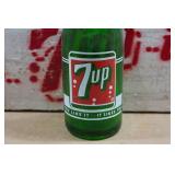 Antique 7Up Wooden Crate with Green Glass Bottles