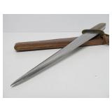 Custom Made 14" Fixed Blade Knife w/Triangular 2-Edged Blade & Leather Sheath