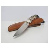 DUNN Stag Handle Fixed Blade Knife w/Leather Sheath