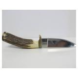Signed Custom SHAYS Stag Handle Fixed Blade Knife w/Leather Sheath - 9.25"