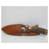 Signed Custom SHAYS Stag Handle Fixed Blade Knife w/Leather Sheath - 9.25"