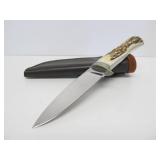 Custom Made Signed Jim Minnick Stag Handle Hunting Knife w/Leather Sheath - 8.25"