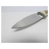 Custom Made Signed Jim Minnick Stag Handle Hunting Knife w/Leather Sheath - 8.25"