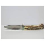 Custom Made Signed Jim Minnick Stag Handle Hunting Knife w/Leather Sheath - 8.25"