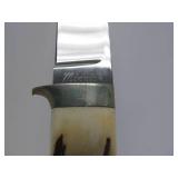 Custom Made Signed Jim Minnick Stag Handle Hunting Knife w/Leather Sheath - 8.25"