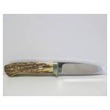 Custom Made Signed Jim Minnick Stag Handle Hunting Knife w/Leather Sheath - 8.25"