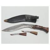 Antique Traditional Kukri w/Scabbard & Both Smaller Knives - 16.5"
