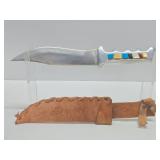 Very Cool Large Vintage Custom Fixed Blade 12.5" Knife w/Gemstone Inset Handle & Leather Sheath