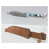 Very Cool Large Vintage Custom Fixed Blade 12.5" Knife w/Gemstone Inset Handle & Leather Sheath