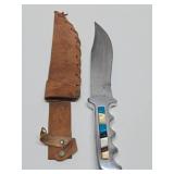 Very Cool Large Vintage Custom Fixed Blade 12.5" Knife w/Gemstone Inset Handle & Leather Sheath