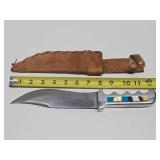 Very Cool Large Vintage Custom Fixed Blade 12.5" Knife w/Gemstone Inset Handle & Leather Sheath