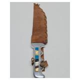 Very Cool Large Vintage Custom Fixed Blade 12.5" Knife w/Gemstone Inset Handle & Leather Sheath