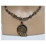 Beautiful Sterling Silver Fossil Pendant Necklace w/Moroccan Ammonite & Garnet