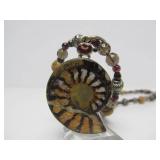 Beautiful Sterling Silver Fossil Pendant Necklace w/Moroccan Ammonite & Garnet