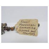 Beautiful Sterling Silver Fossil Pendant Necklace w/Moroccan Ammonite & Garnet