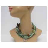 Lovely Multi Strand Oriental Green Stone Beaded Necklace Carved Wood Monkeys
