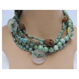 Lovely Multi Strand Oriental Green Stone Beaded Necklace Carved Wood Monkeys