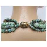 Lovely Multi Strand Oriental Green Stone Beaded Necklace Carved Wood Monkeys