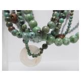Lovely Multi Strand Oriental Green Stone Beaded Necklace Carved Wood Monkeys