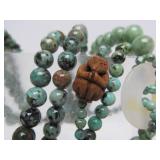 Lovely Multi Strand Oriental Green Stone Beaded Necklace Carved Wood Monkeys