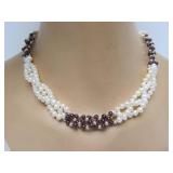 Genuine Pearl Necklace w/Sterling Silver & Garnet