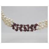 Genuine Pearl Necklace w/Sterling Silver & Garnet