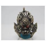 Awesome Vintage Chinese Silver Dragon Pendant w/Turquoise #1