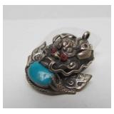 Awesome Vintage Chinese Silver Dragon Pendant w/Turquoise #1