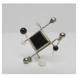 Signed Sculptural Modernist Sterling Silver Brooch w/Black & White Stones