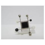Signed Sculptural Modernist Sterling Silver Brooch w/Black & White Stones