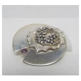 Signed Sculptural Modernist Sterling Silver Brooch w/Amethyst