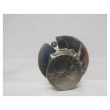 Signed Sculptural Modernist Sterling Silver Brooch w/Amethyst