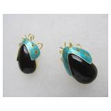 Pair of Enameled Sterling Silver Bug/Beetle Brooch Pins