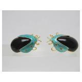 Pair of Enameled Sterling Silver Bug/Beetle Brooch Pins