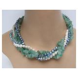 Unworn Multi-Strand Genuine Pearl & Green Stone Necklace